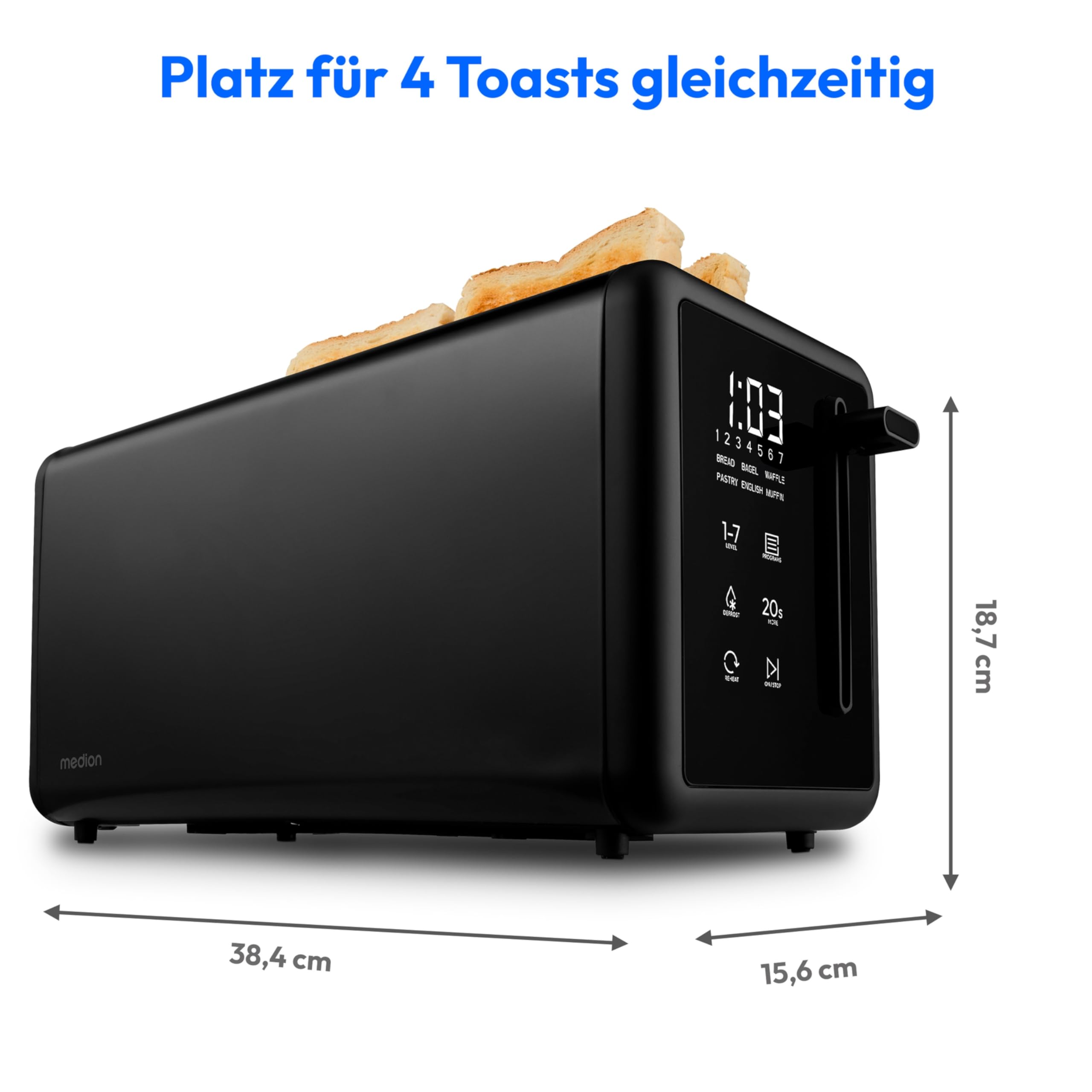 MEDION Toaster 4 Scheiben mit Brötchenaufsatz (7 Bräunungsstufen, 5 Automatikprogramme, 1.450 Watt, 2 lange Toastschlitze, Auftauen, Aufwärmen, Krümelschublade, Edelstahl Matt, MD 12103) schwarz