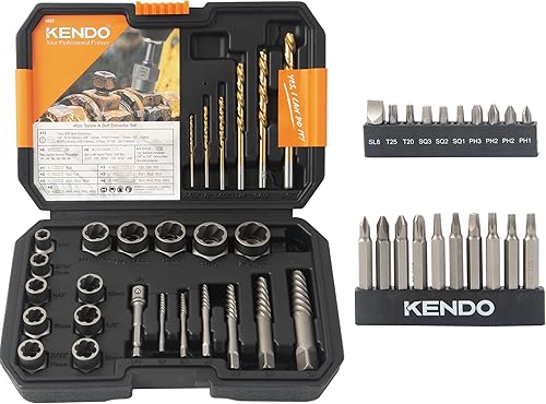 KENDO Juego de 46 extractores de tornillos dañados HSS  Removedor para tornillos pelados, tuercas y pernos, herramientas de broca para una fácil