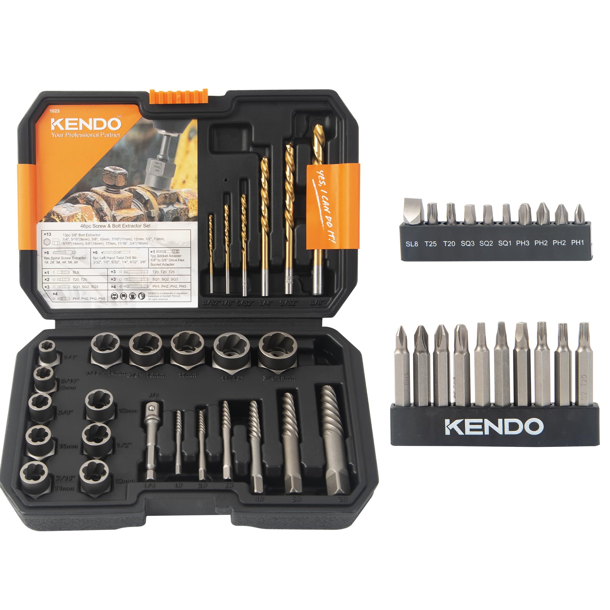 KENDO Set di 46 estrattori per viti danneggiate HSS – rimozione per viti spogliate, dadi e bulloni, strumenti per trapano per una facile rimozione di hardware arrugginito e rotto, facile rimozione di