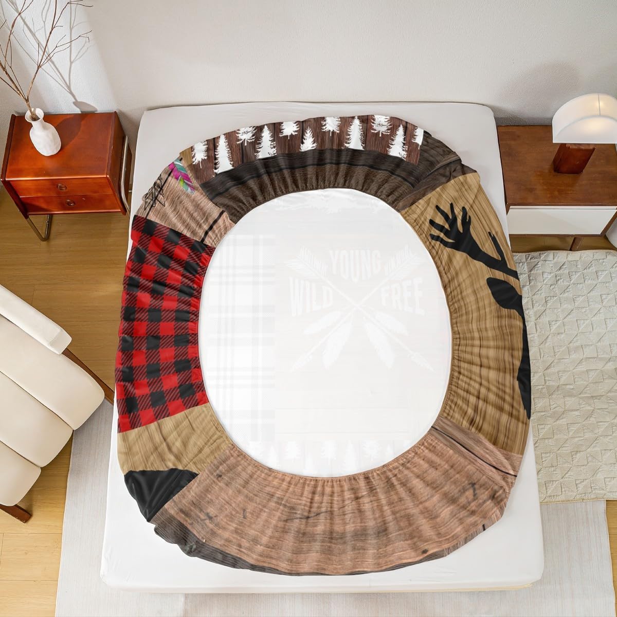 Retro Cabin Fitted Sheet 4Pcs, Rustic Adventure Bear Deer Bed Sheets Hunting Wildlife Wild Animal Sheet Set Plaid Lodge Farmhouse Top Sheet Western Country Bedding Set + 2 Pillow Cases, Queen Size