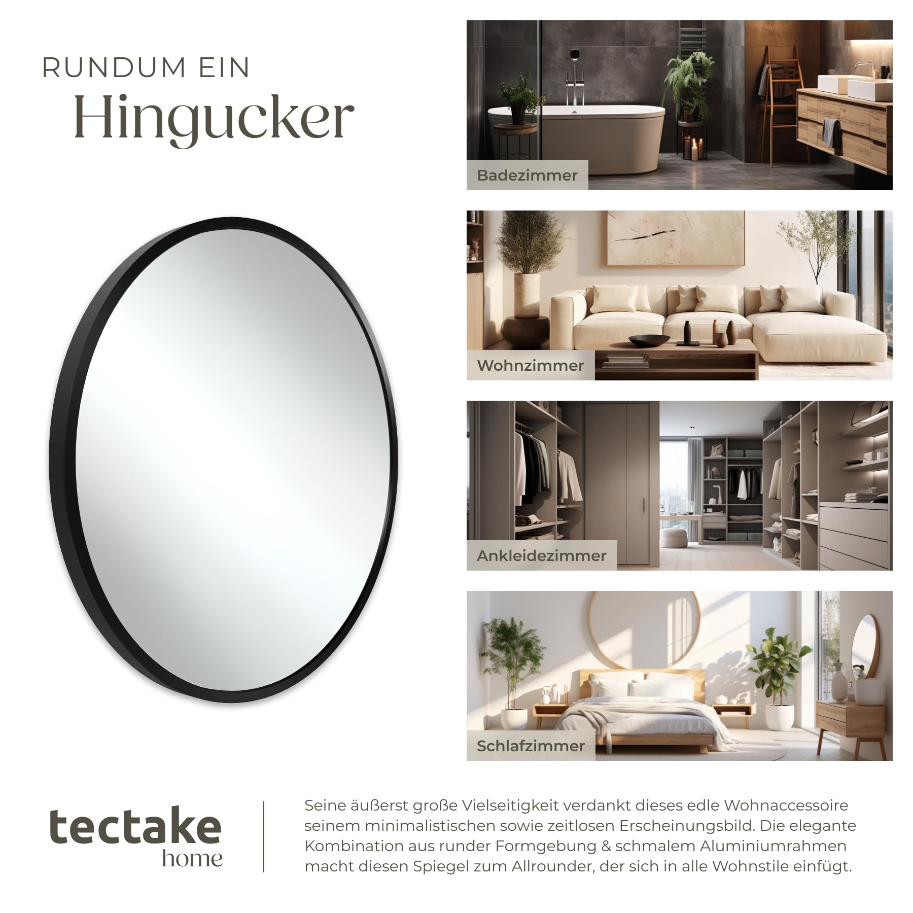 tectake® Spiegel rund schwarz, Wandspiegel modern, Badspiegel, Wanddekoration Wohnzimmer, Boho Deko Schlafzimmer, runder Badezimmerspiegel, Flurspiegel, Gäste WC, Spiegelaufhängung - Ø80 x 2,5 cm