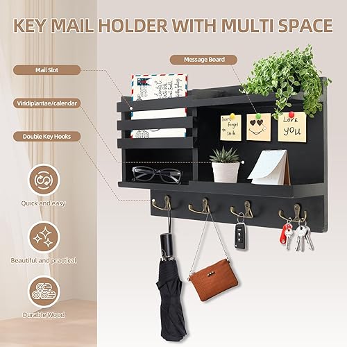 Miniatura 9 de Soporte para llaves de pared, organizador de llaves y correo de madera maciza para pared (autoadhesivo o taladro), 8 ganchos para entrada, pasillo,