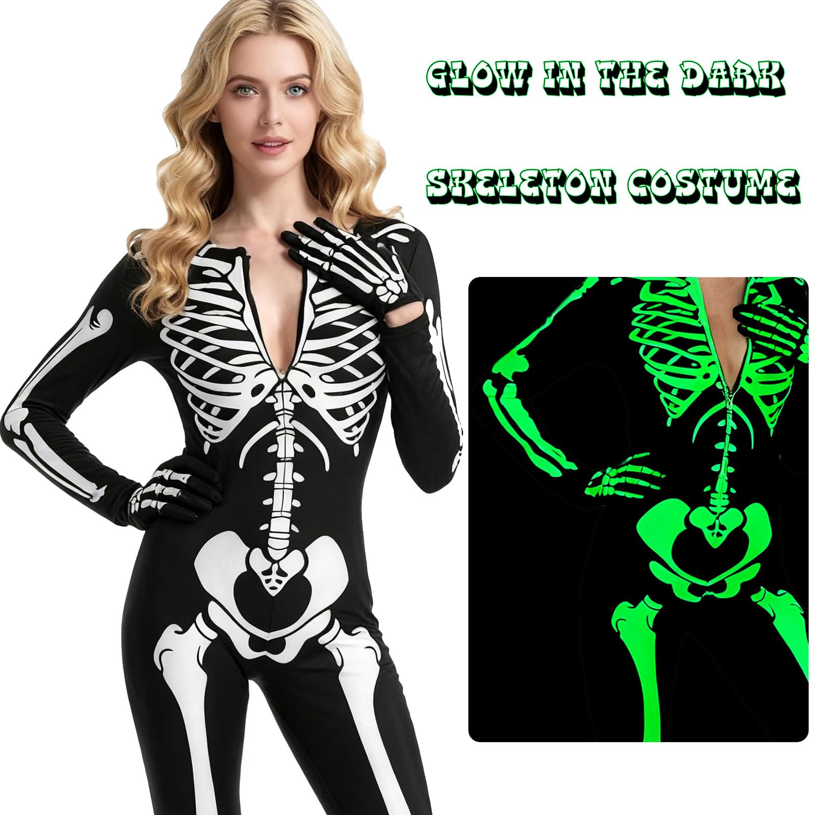 Forfamy Glow in The Dark Skeleton Costume Women for Halloween Adults White Glowing Halloween Zipper Jumpsuit (Style-2, L) - Image 4