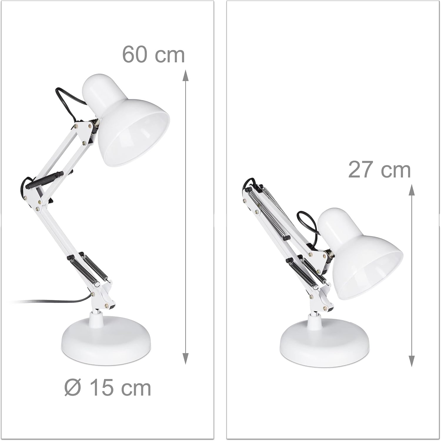 Diagram showing adjustable height and base diameter of the lamp