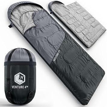 VENTURE 4TH Backpacking Sleeping Bag for Camping - Single, XXL & Double | Water-resistant, breathable polyester. Compresses into included stuff sack for easy carry. Warm & Cold Weather Options.