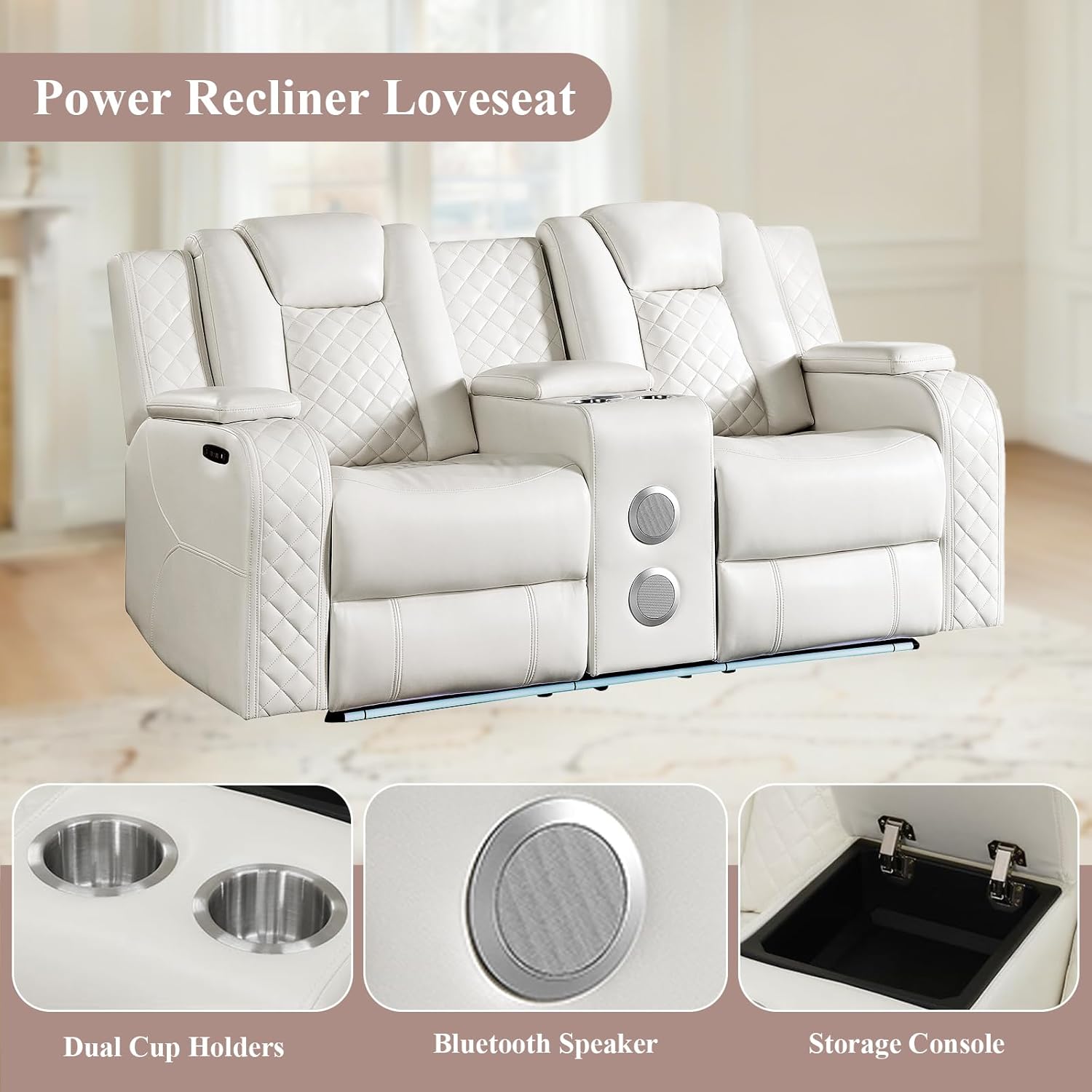 Power Reclining Sofa Set, 3PCS Air Leather Recliner Couch Loveseat and Chair with Storage, Bluetooth Speakers, Wireless Charger and Power Outlet & Cup Holder for Living Room Furniture Sets, White