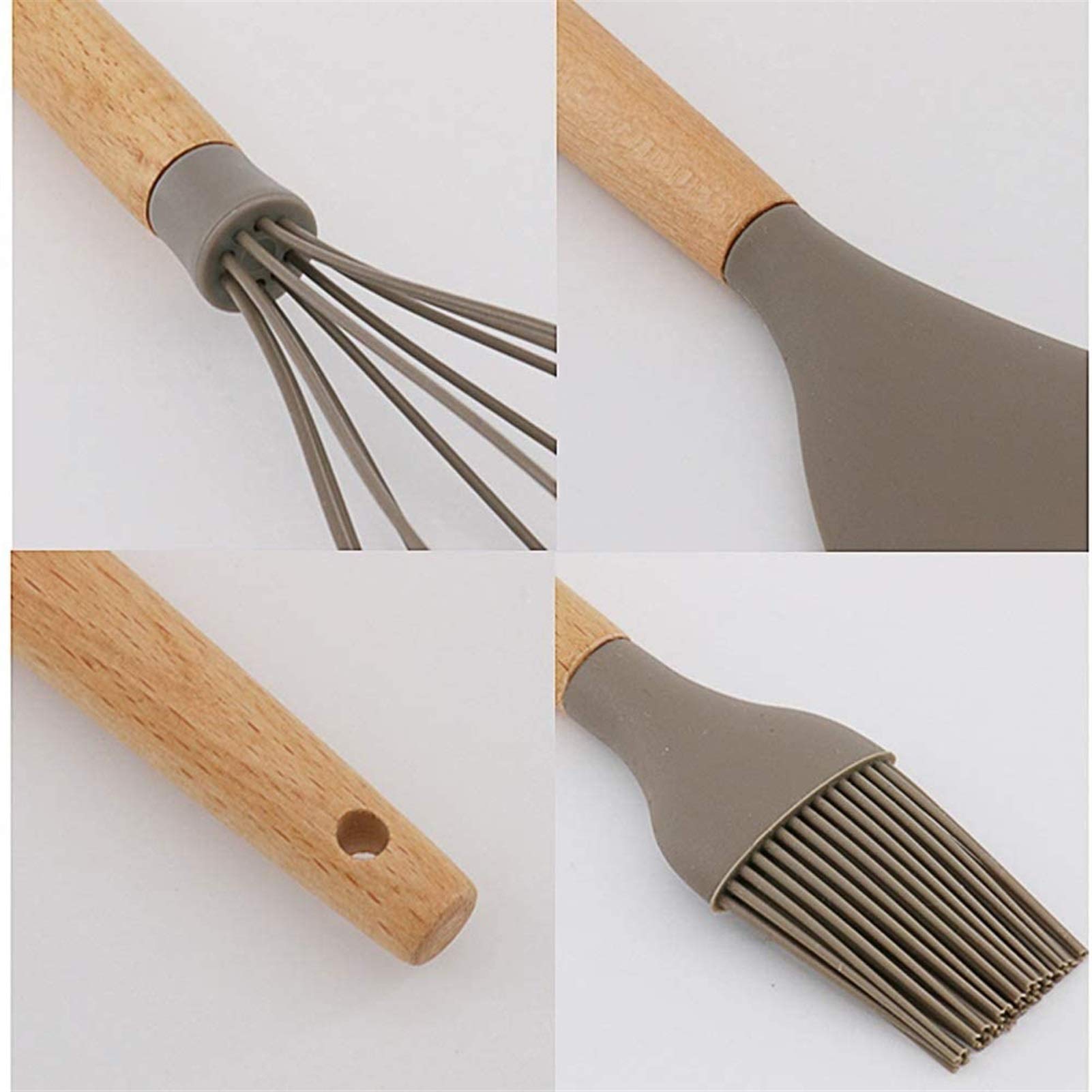 Utensilios de Cocina de Silicona con Mango de Madera, Utensilios de Cocina antiadherentes, Juego de Utensilios de Cocina de Silicona Resistentes a Altas temperaturas, Cuchara, espátula,
