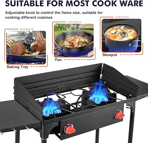 Miniatura 6 de Llamaviva - Estufa de propano de 2 quemadores con panel de viento, estufa de camping con estantes laterales, quemadores de propano de 150000 BTU,