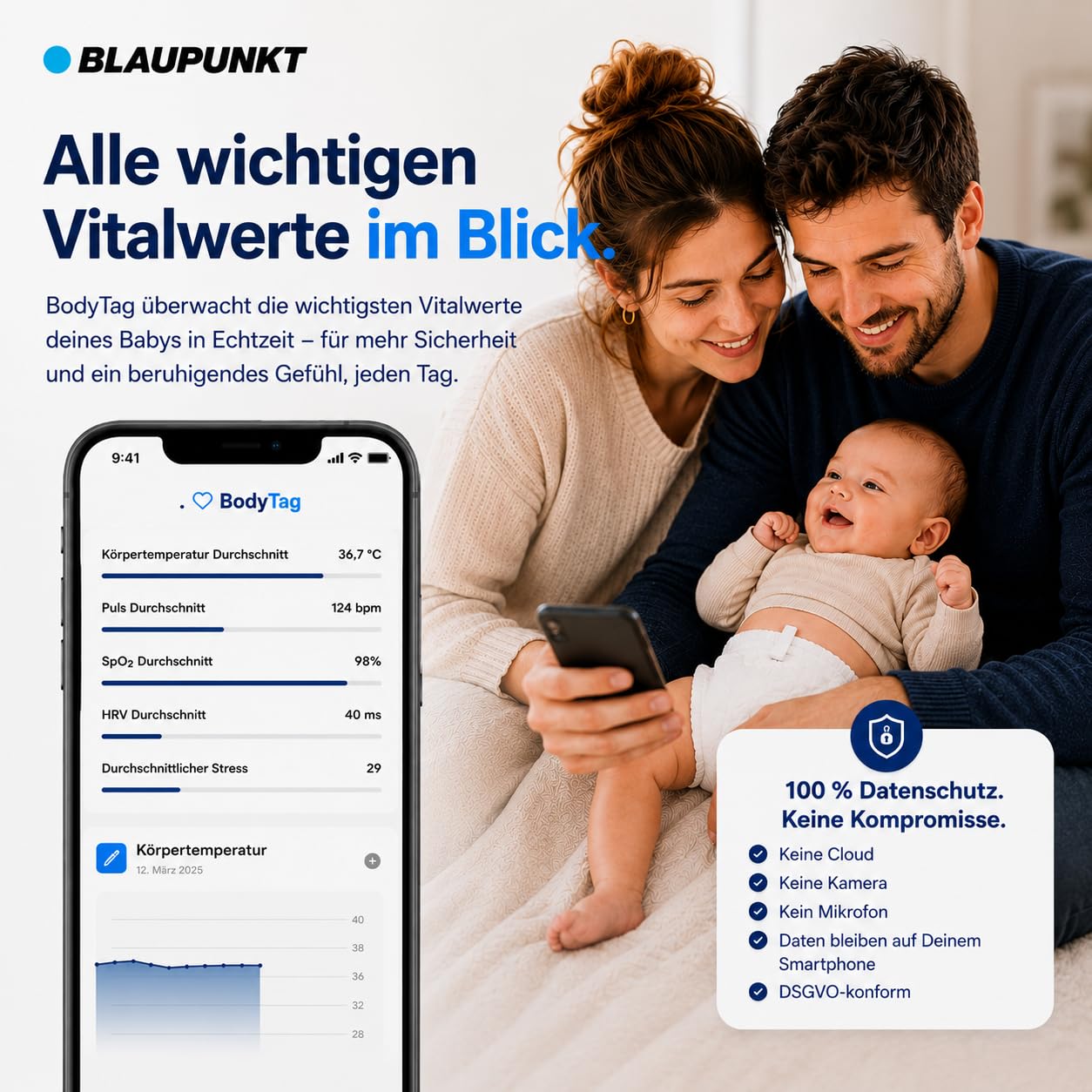 BLAUPUNKT BodyTag Baby Monitor mit Alarmfunktion für Puls & Fieberwarnung | Puls und Temperaturüberwachung | Baby Vitalmonitor mit App | Babyphone ohne Cloud und Kamera | kein WLAN