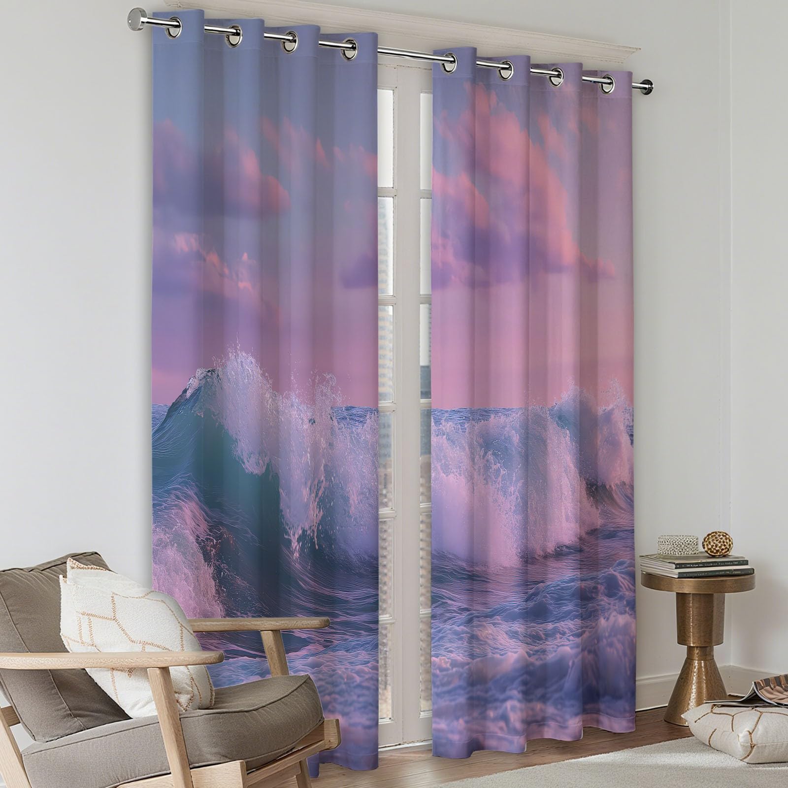 Zestaw 2 zasłon zaciemniających z przelotkami, 91,5 x 214 cm (szer. x wys.), realistyczne surrealizm ocean, izolacja termiczna, ochrona przed zimnem, różowa, poliester, zestaw 2 sztuk