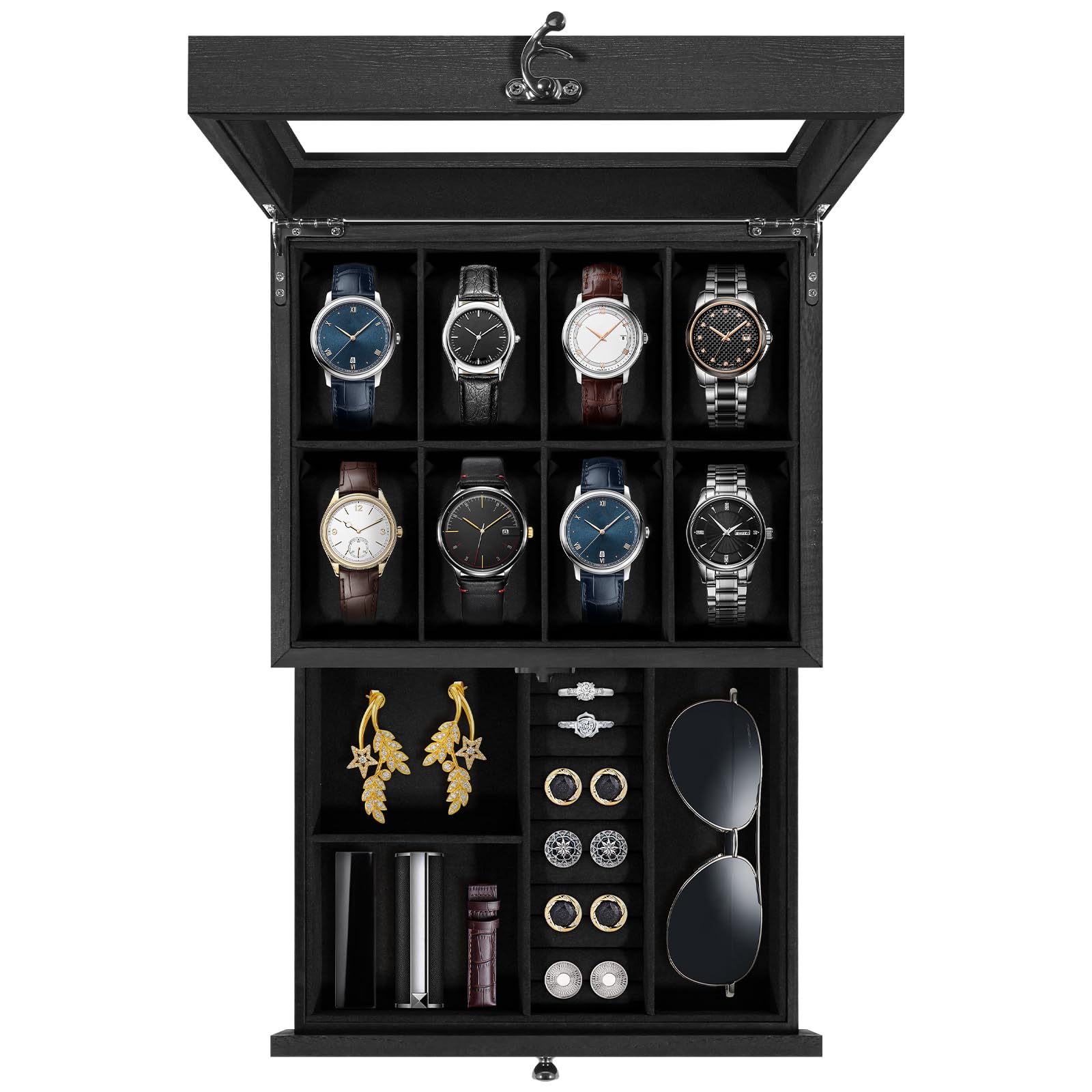 Uten Watch Box 8 Slots, 2-Tier Solid Wood Watch Case with Glass Lid, Metal Clasp, Watch Display Box for Men and Women, Removable Silk Cotton Pillow, Black Lining, Jewelry Storage Box, Gift Idea