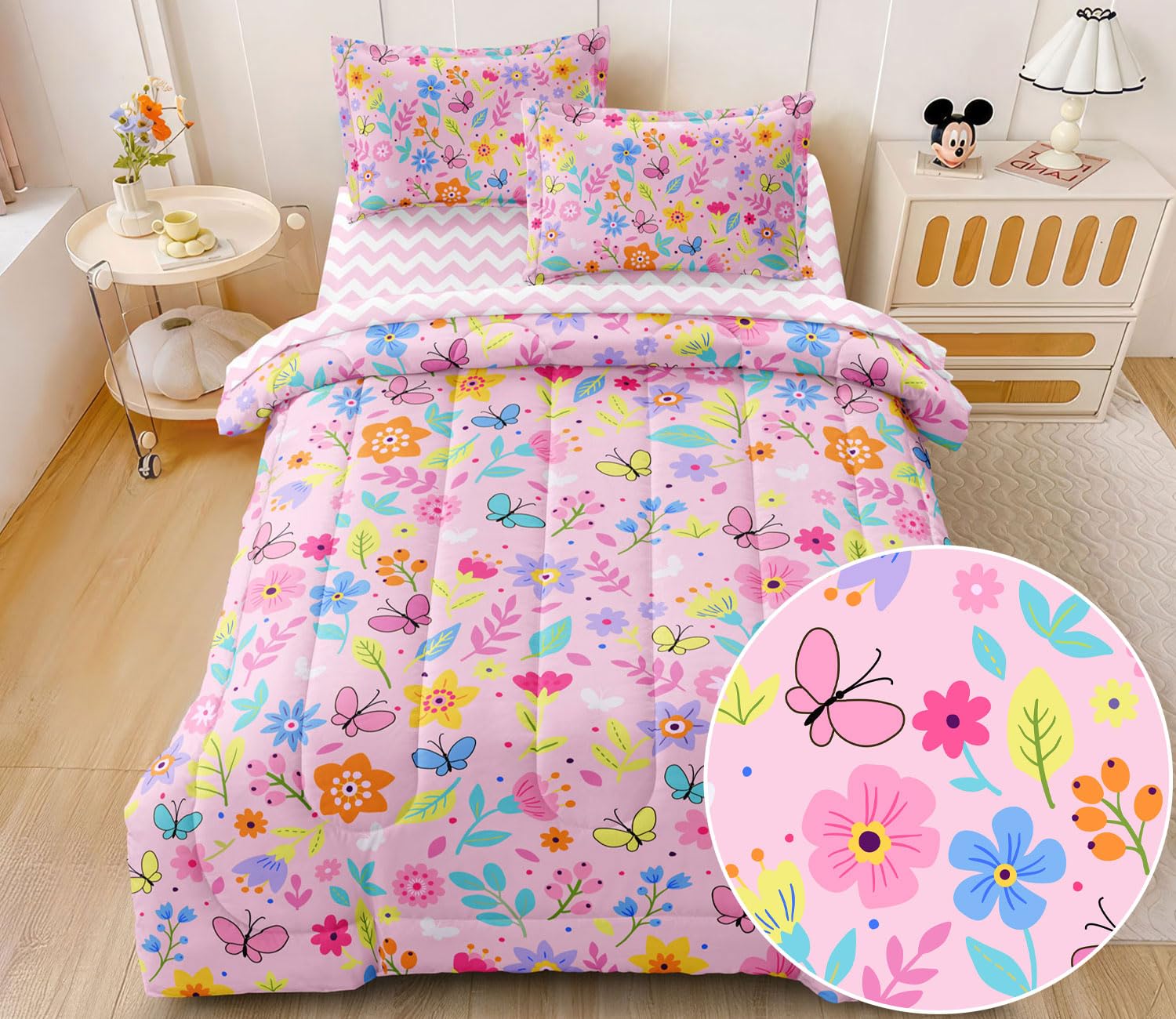 SIRDO Kids Comforter Set Butterflies Printed Pattern Floral Bedding Set with Sheet Sets for Girls Bed in A Bag Pink Bedroom Decor All Season