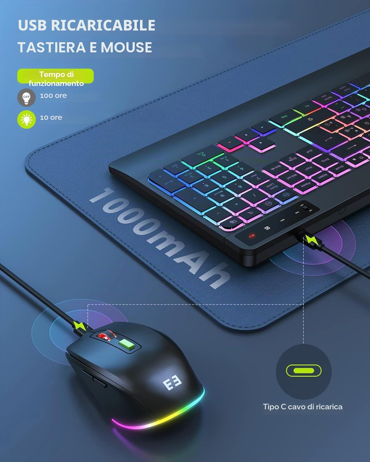 seenda JPX006 - Set tastiera e mouse wireless illuminato, ergonomico, QWERTZ | Connettore USB-A e USB-C, ricaricabile, ergonomico, con supporto per cellulare e poggiapolsi, tasti silenziosi, per PC e Mac