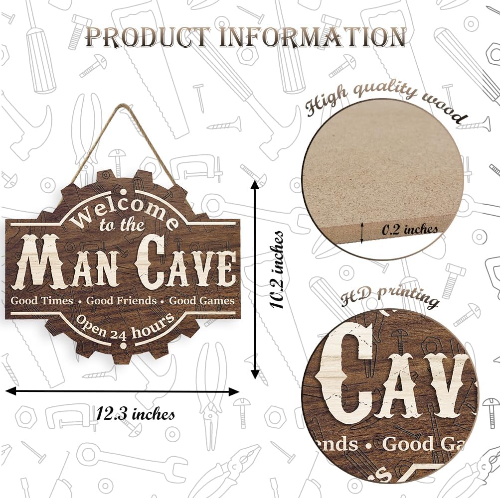 OLMIXA Man Cave Wooden Sign (12.3x10.2 inch), Vintage Man Cave Welcome Door Hanger, Gift for Men Him Dad Farther Day, Decorative Hanging Signs for Gaming Room Home Bar Decor - Image 7