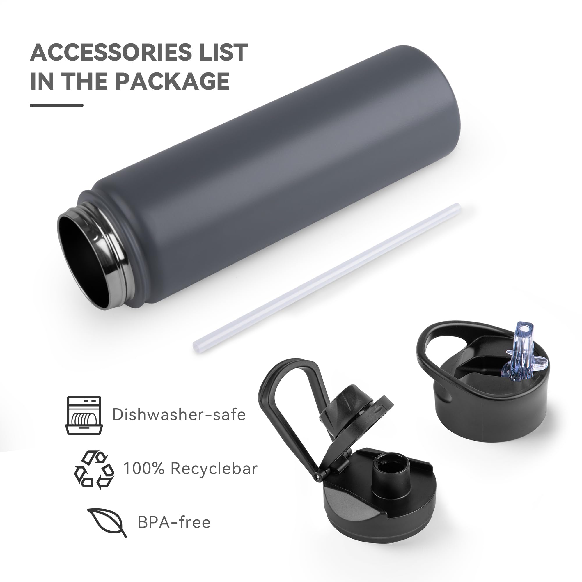 UMBFUN Insulated Water Bottle, 750ml 2 Lids (Straw Lid and Spout Lid) - Image 3