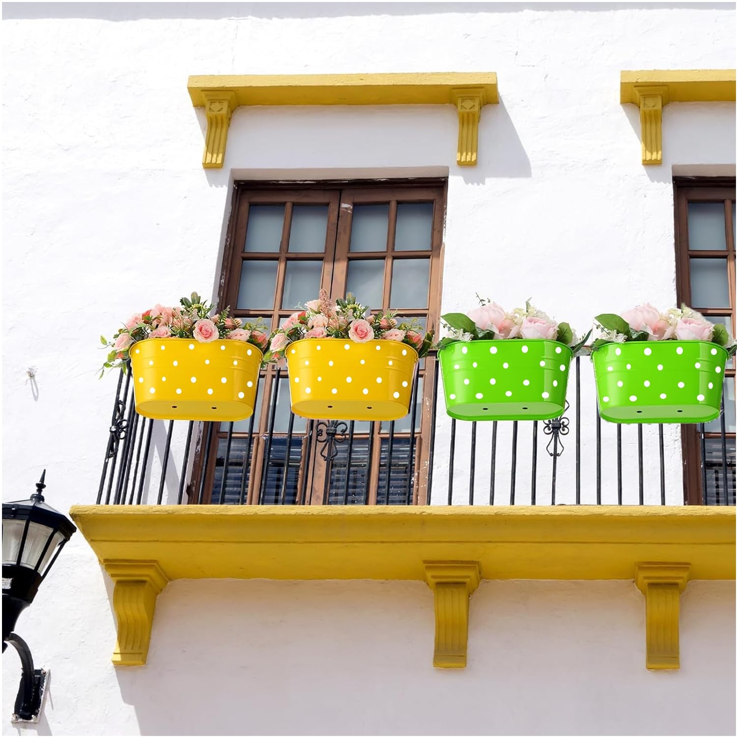 4 fioriere da appendere con ringhiera in metallo con foro di drenaggio, secchio da appendere per piante, con doppi ganci rimovibili, fioriera ovale per giardino, balcone, decorazione (verde)