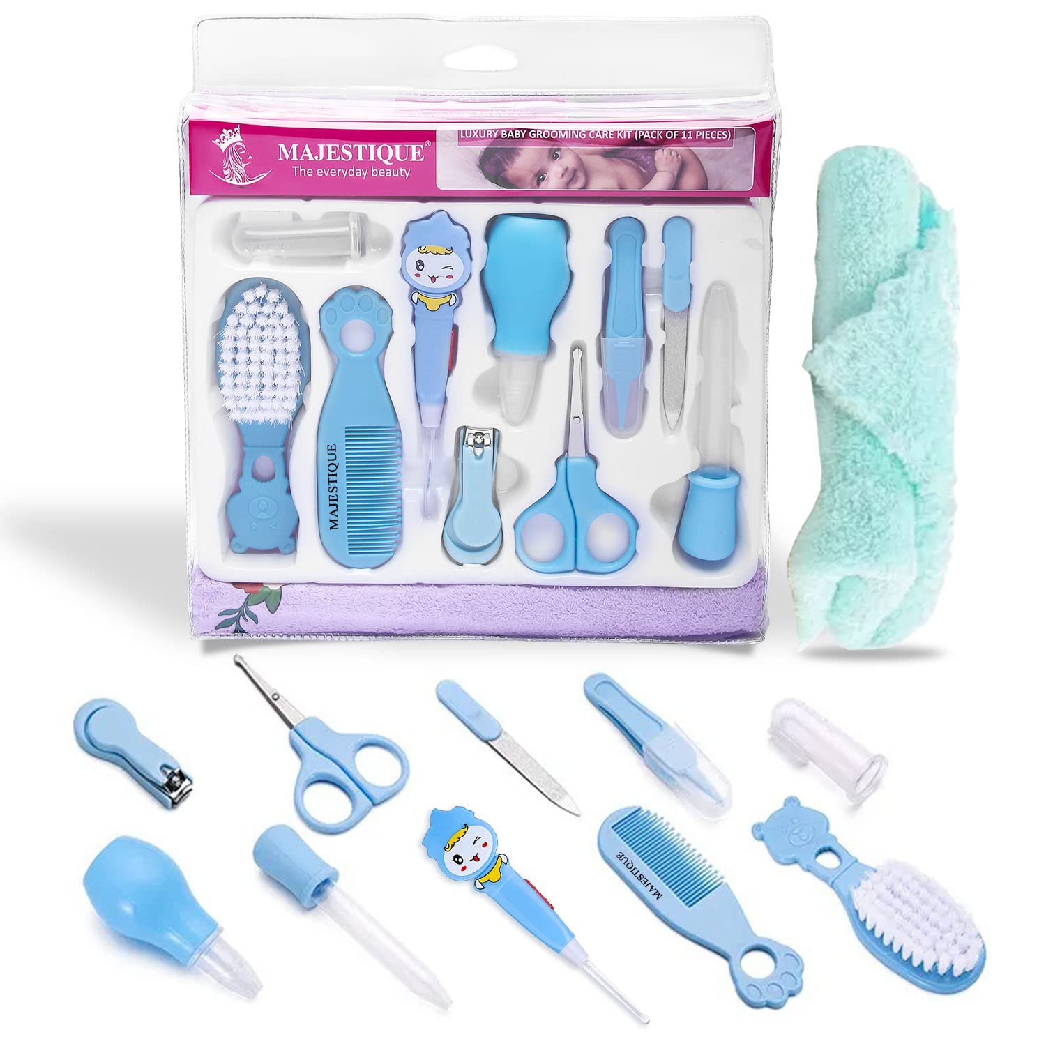 Majestique Portable Baby Care Kit- Nursery Healthcare & Grooming Set for New Born Babies Grooming Set and Toddlers - Perfect for Manicure Bath Accessories (11Pcs_Pro_Blue)
