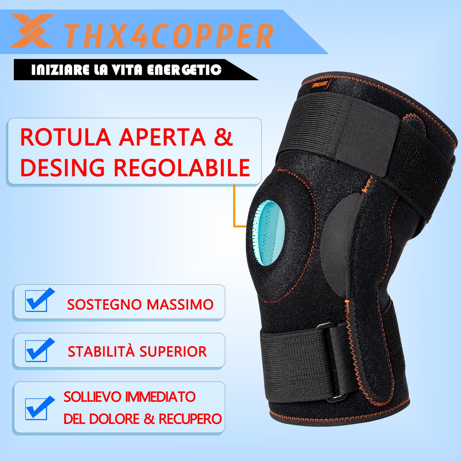 Thx4COPPER – Fascia Per Ginocchio Regolabile – Compressione E Supporto Per Tendine Rotuleo E Menisco – Taglia M