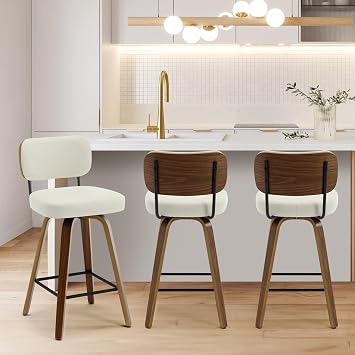 Bekrvio Swivel Bar Stools Set of 3, 65CM Upholstered Faux Leather Barstools with Back and Bent Wood Legs, Mid Century Modern Bar Chair Island Stool for Kitchen Counter, Cream White