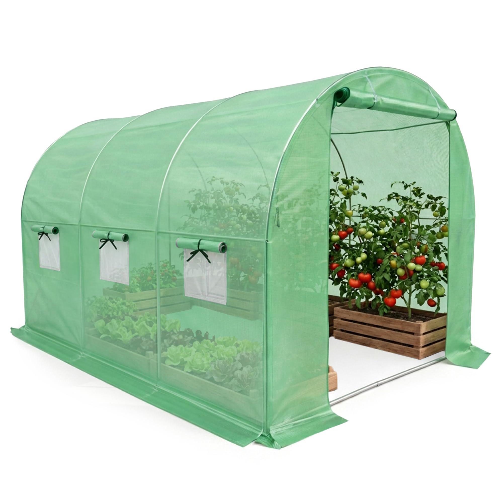 AKORD Invernadero de Túnel para Jardín con Estructura de Acero Galvanizado y Película de PE, 6 Ventanas y 1 Puerta, 200x300x200 cm, Verde