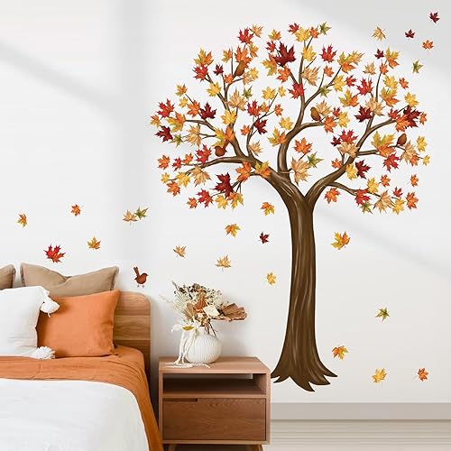 wondever Calcomanías de pared de árbol grande de otoño, hojas de arce, pájaros, despegar y pegar, calcomanías de arte de pared para dormitorio, sala