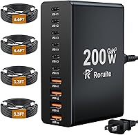 Roruite 200W GaN 10-Port USB C Charging Station with 4 Cables - Fast Charge iPhone 17/16/15, Galaxy S25/S24, Pixel, iPad