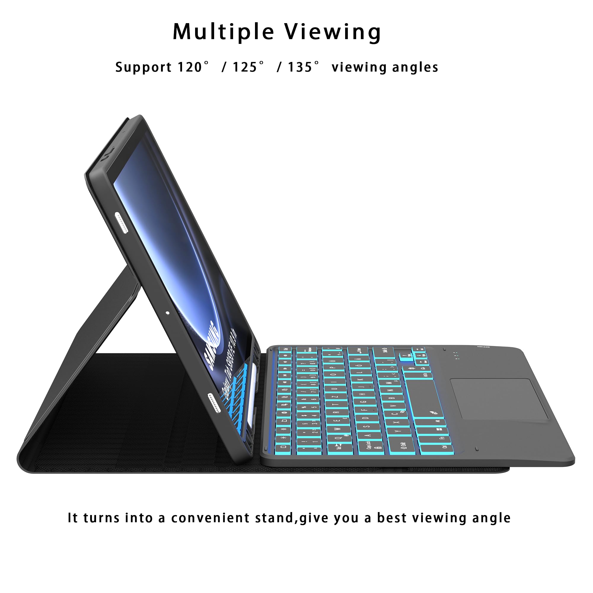 Etui na klawiaturę do Samsung Galaxy Tab S9 FE - 7 kolorowych oświetlenia touchpad tablet Cover z uchwytem na długopis - podświetlana klawiatura niemiecka QWERTZ Layout