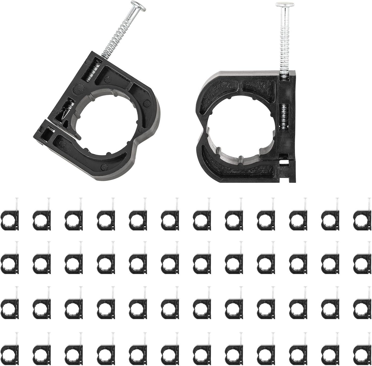 50PCS HeSun Black Full Clamps with S-Nails, J-Hook with Nai for fixing 3/4 Inch PEX, Copper, CPVC Pipe Support