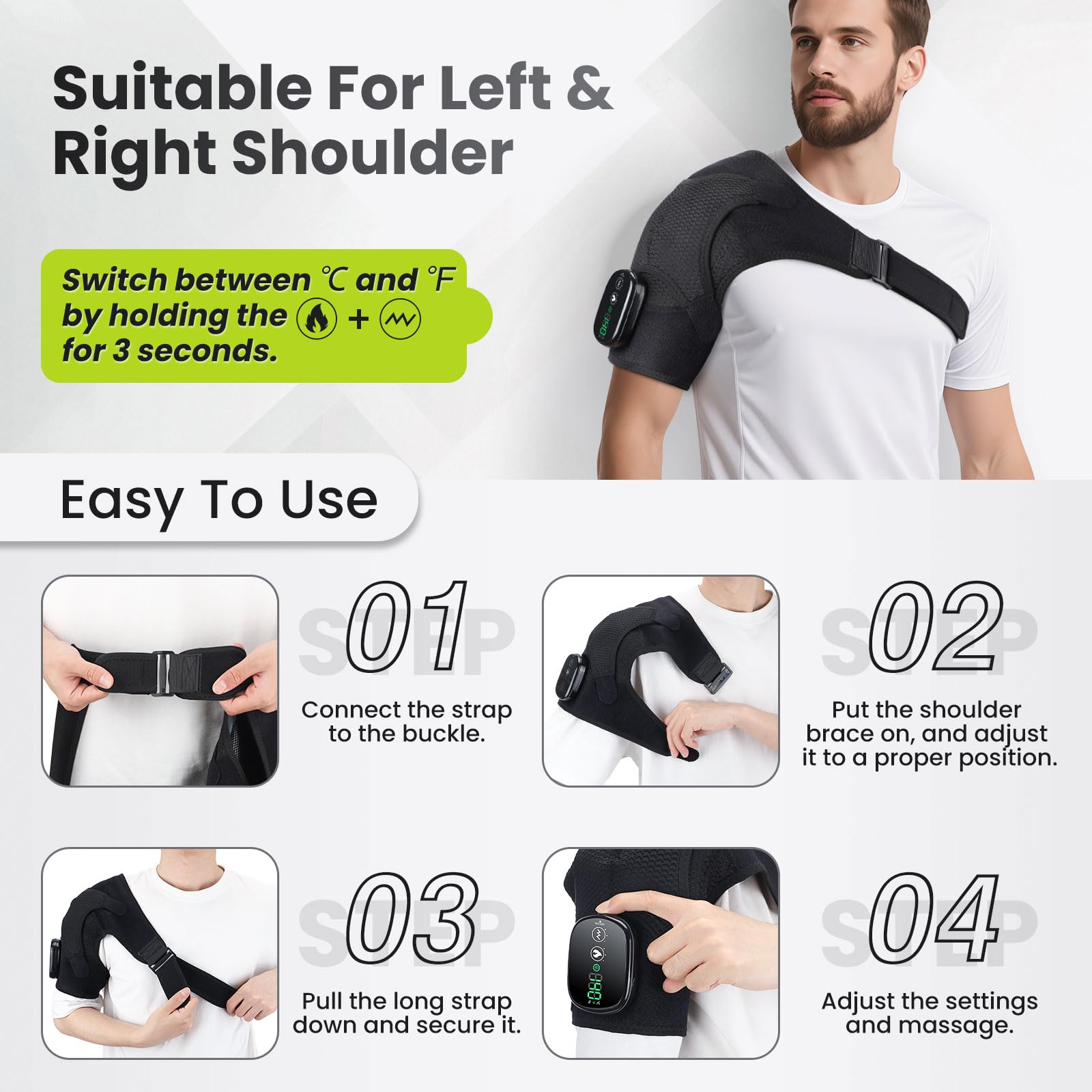 Coussin De Massage Chauffant Sans Fil Pour Épaule, Attelle Chauffante Avec 3 Niveaux De Chaleur Et Vibrations, Écran Tactile Et Batterie 5000mah, Adaptée À L'Épaule Gauche/Droite Pour Unisexe (Noir)