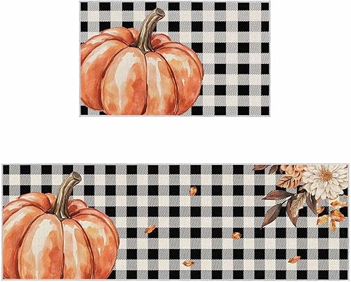 Juego de 2 alfombras de cocina de otoño con diseño de calabaza, antifatiga, antideslizantes, cómodas, para el suelo, juego de alfombras de cocina