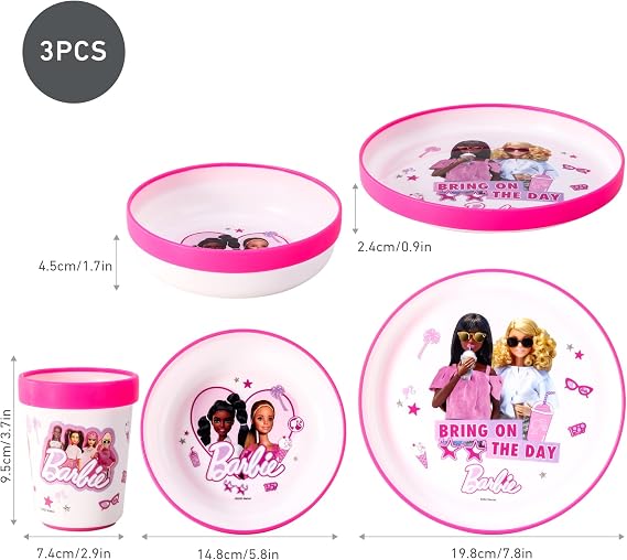 Barbie 3pcs Reusable Bicolor Kids Dinner Tableware Set - 100% BPA-Free