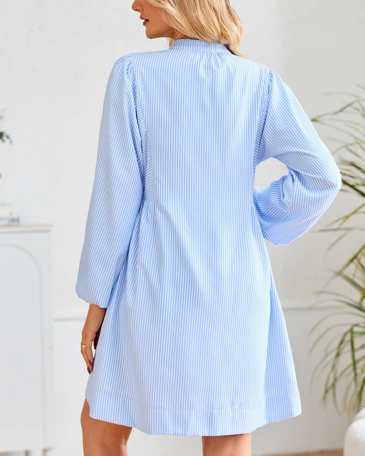 Women's Striped Tunic Mini Dress Long Sleeve Button Down Collarless Shirt Dress with Pockets - Image 6