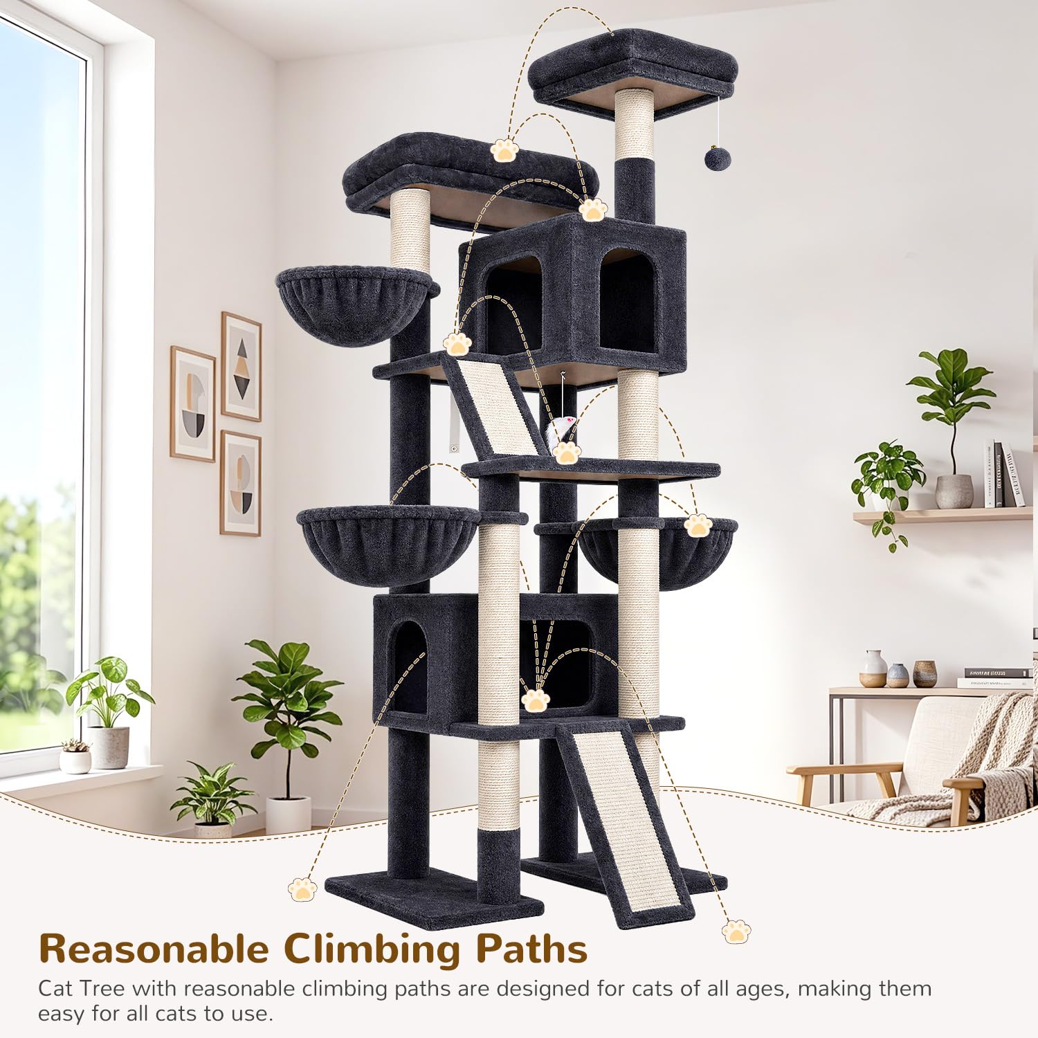 Globlazer Árbol Rascador XXL para 3-4 Grande Gatos 200 cm con 2 Inmenso Nidos, Plataformas 50*30*30CM, 3 Cesta, 2 Rascar Sisal, Estable Torre Gato para Vario Gatos Adultos Interior (F78, Gris Oscuro)