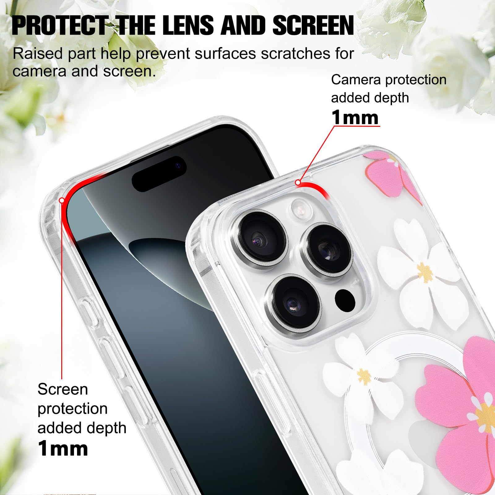 Newseego Custodia IPhone 16 Pro Max Floreale Rosa - Rigida Con Bordi Morbidi E Magneti Magsafe