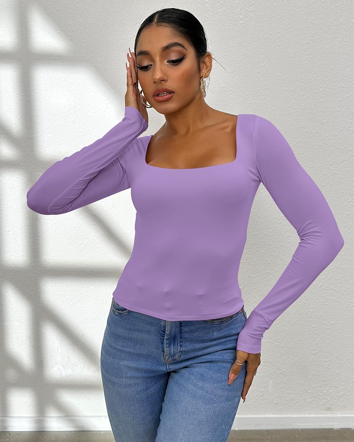 Dwnval Long Sleeve Shirts for Women - Basic Slim Fit Double Lined Square Neck Crop T Shirt - Image 4