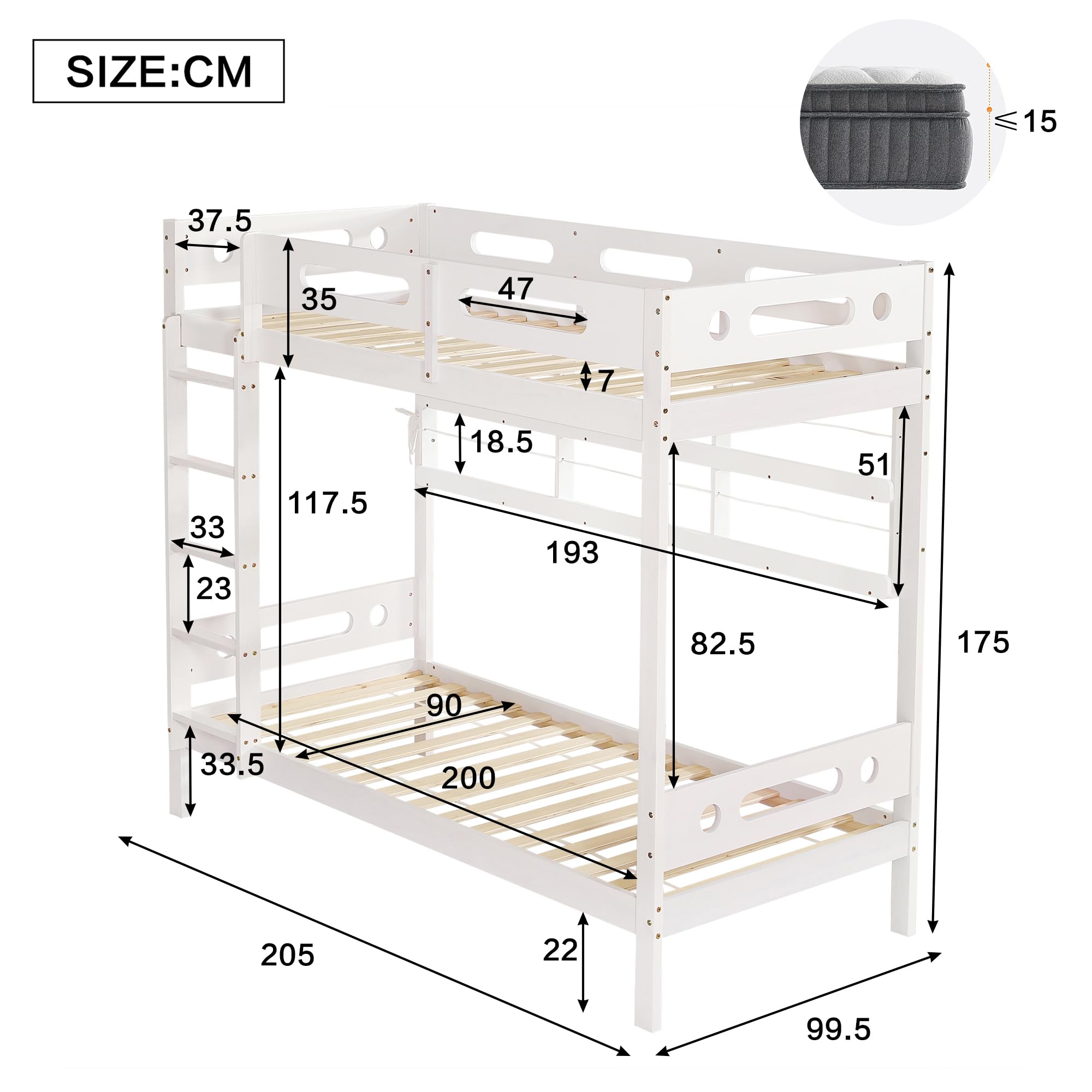 Letto a castello, 90 x 200 cm, lettino con rete anticaduta, due cassetti su ruote, scaffale aperto, scala a cinque livelli, ampio spazio di archiviazione, pino+MDF, bianco