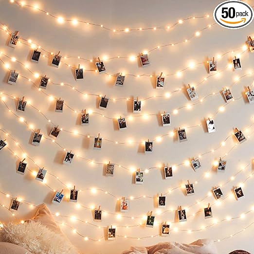 Photo Clip String Lights 17Ft - 50 LED Fairy String Lights with 50 Clear Clips for Hanging Pictures, Christmas Party Birthday Decoration - Perfect Dorm Bedroom Wall Decor Wedding Decorations