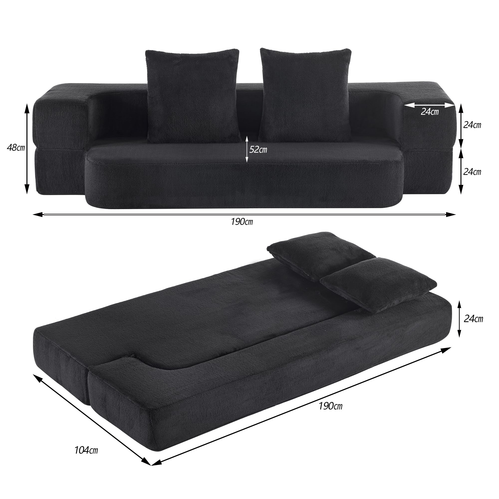 Sofá multifuncional con 2 cojines, sofá convertible moderno, sofá de 2 plazas de suelo, ahorro de espacio, espuma de alta resistencia, para sala de estar y dormitorio, no requiere montaje, negro