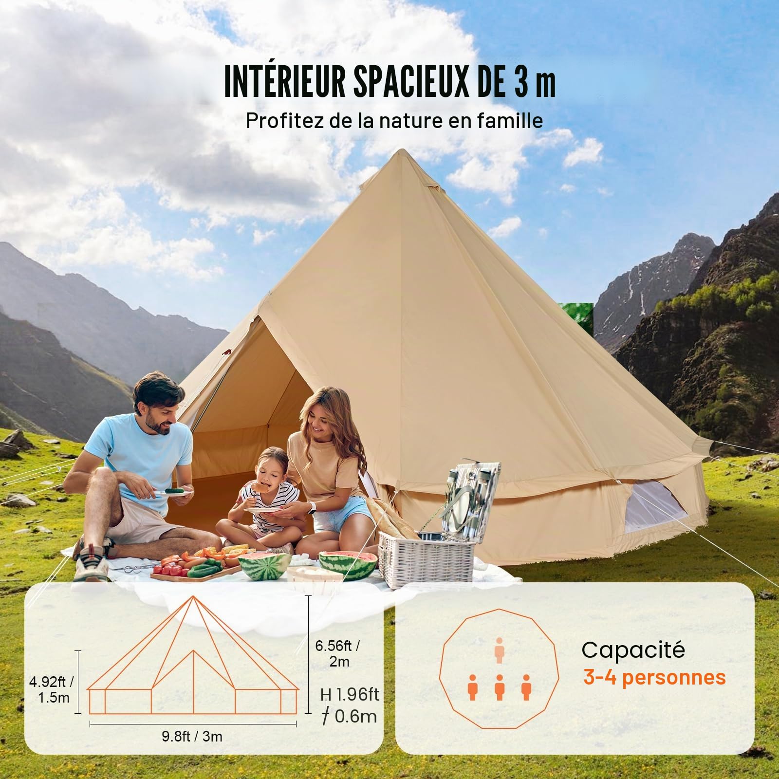 VEVOR Tente Cloche en Toile Tente de Yourte 4 Saisons Tente de Camping Familial avec Trou de Poêle à Bois, Sacs de Rangement pour Glamping, Groupes en Plein Air, Fête, Chasse