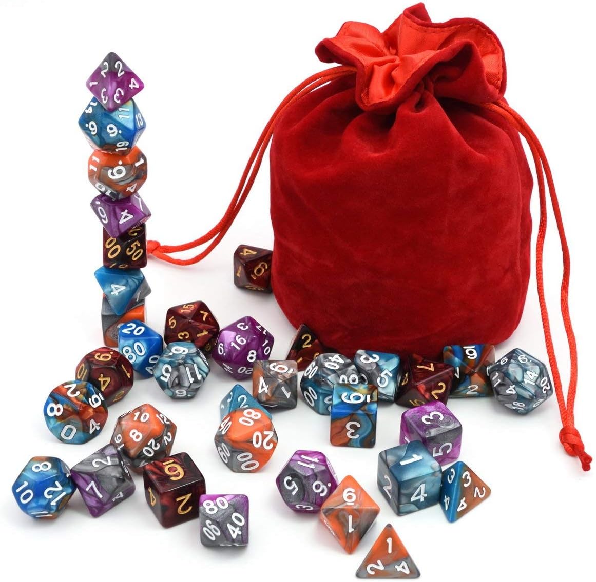 5 Assorted Colors Polyhedral Dice Set for Dungeons and Dragons DND Pathfinder RPG Role Playing Games with Red Drawstring Dice Bag (Total 5 Sets)