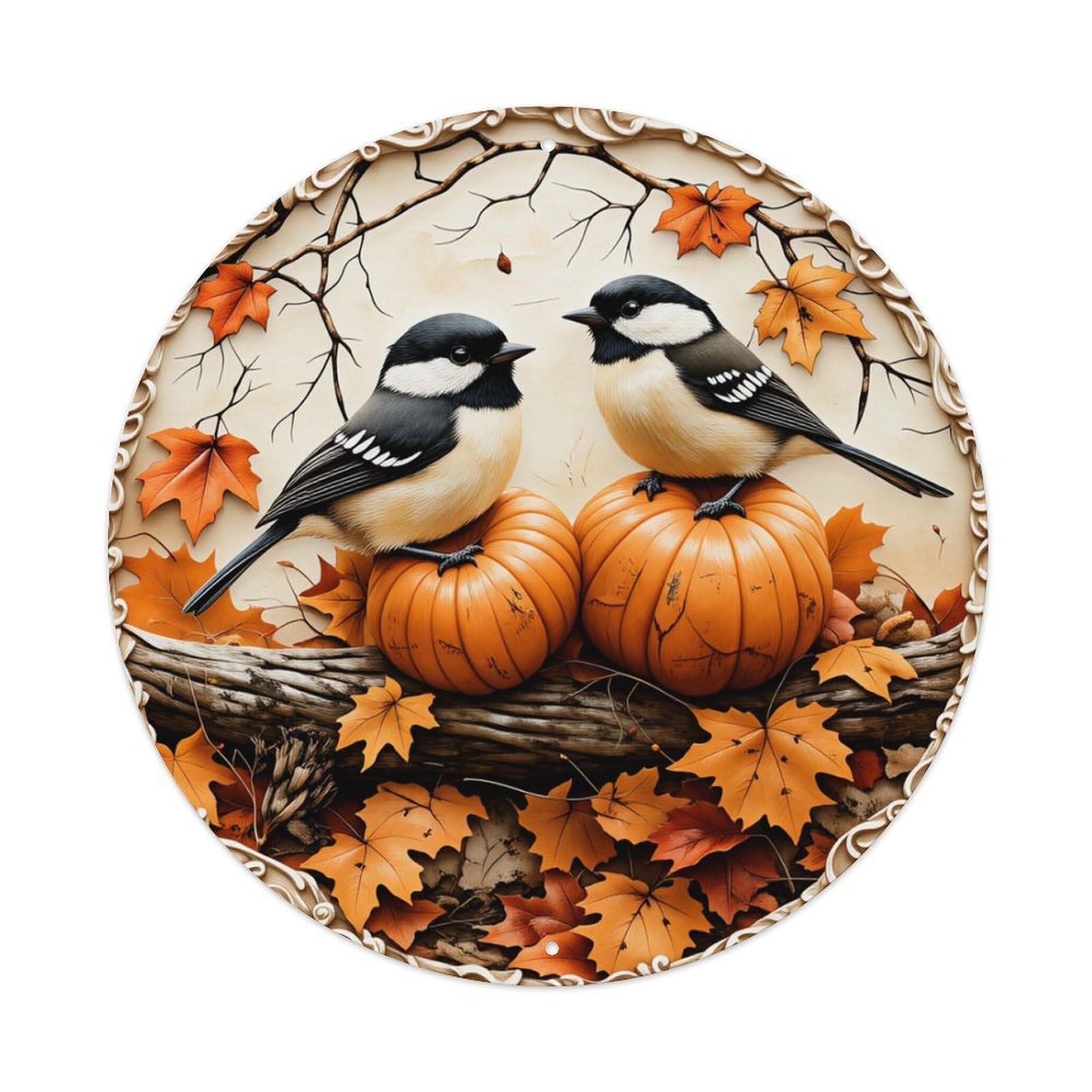 Autumn Birds Pumpkins Leaves Branch Round Tin Sign Retro Metal Sign for Cafe Bar Pub Home Game Room Gym Club Wall Decoration Vintage Metal Poster 8x8 Inch