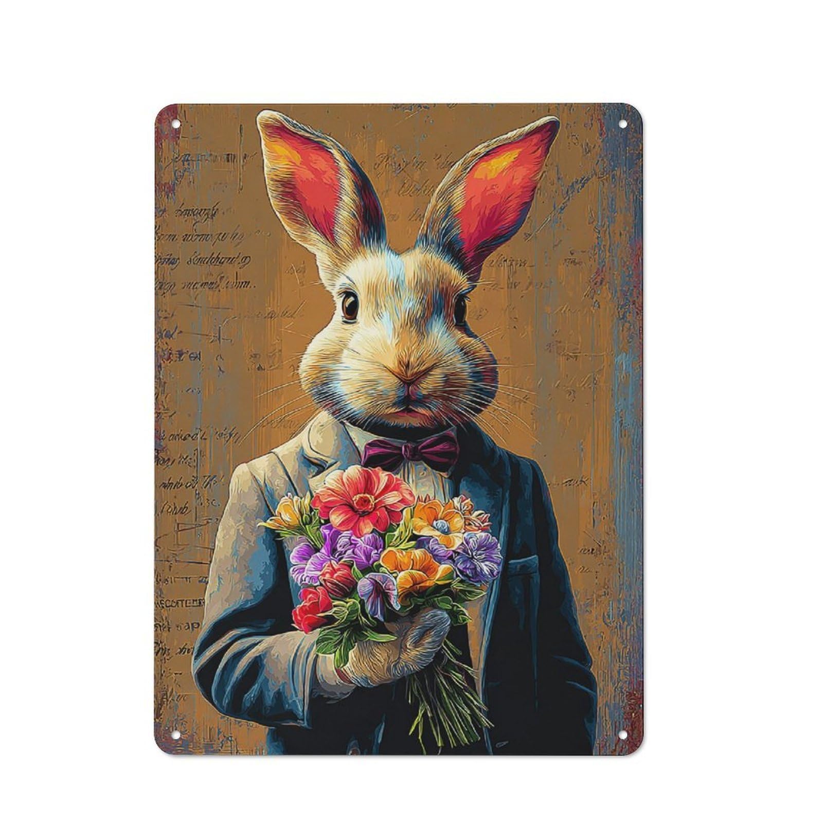 Junmoney Rabbit In Suit Holding Flowers -2 Urban Metal Wall Decor 40X30cm, Metal Wall Art Sign For Loft, Studio, Office Or Creative Room