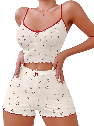 Hilinker Womens Graphic Print Ribbed PJ Set Crop Cami Tops and Shorts Cute Pajamas Set - Medium - Beige Red Cherry