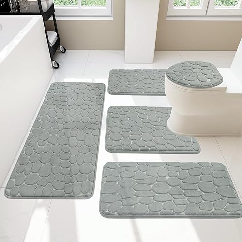 YIHOUSE Bathroom Rugs Mat Set 5 Piece Light Grey, Memory