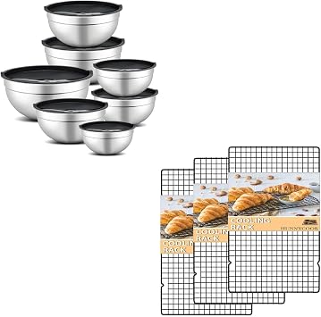 hunnycook Stainless Steel Baking Combo Set, 7-Piece Mixing Bowls with Lids 0.7, 1.1, 1.5, 2.1, 3.5, 4, 4.5 QT Sizes, 3 Cooling Racks 15.8 x 9.8 Oven-Safe Cooling Racks