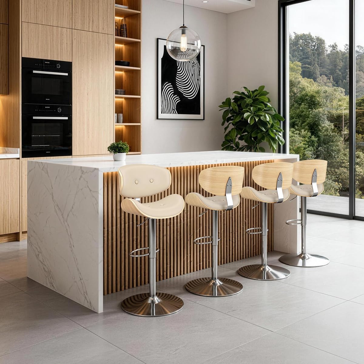 Adjustable Swivel Bar Stools Chair,Counter Height Bar Stools with Back,350 LBS PU Leather Bar Stool for Kitchen Island,Upholstered Pub Stools with Footrest (Beige, Set of 4)