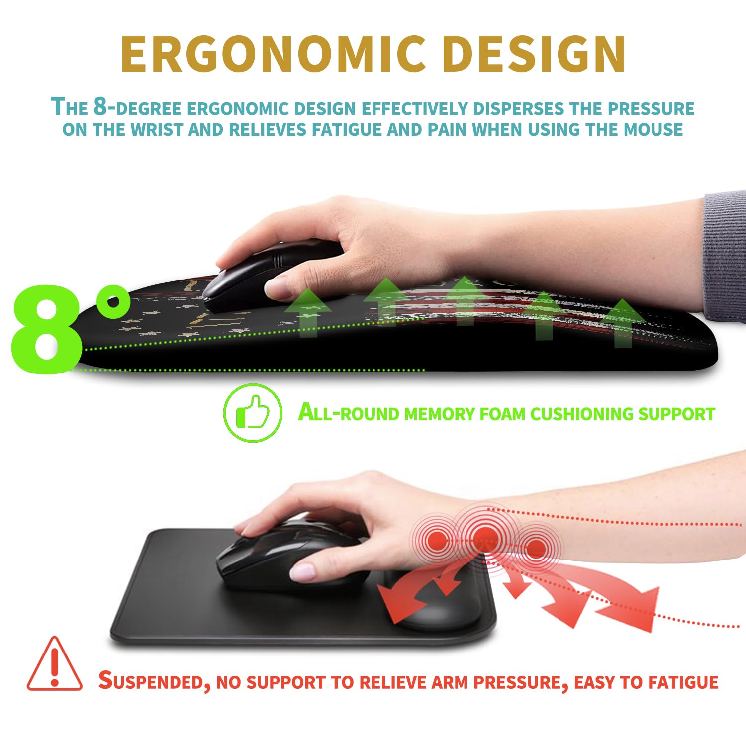Hokafenle Alfombrilla ergonómica para mouse con diseño de masaje, reposamuñecas para aliviar el dolor con espuma viscoelástica y base de poliuretano antideslizante, alfombrillas de mouse para mouse