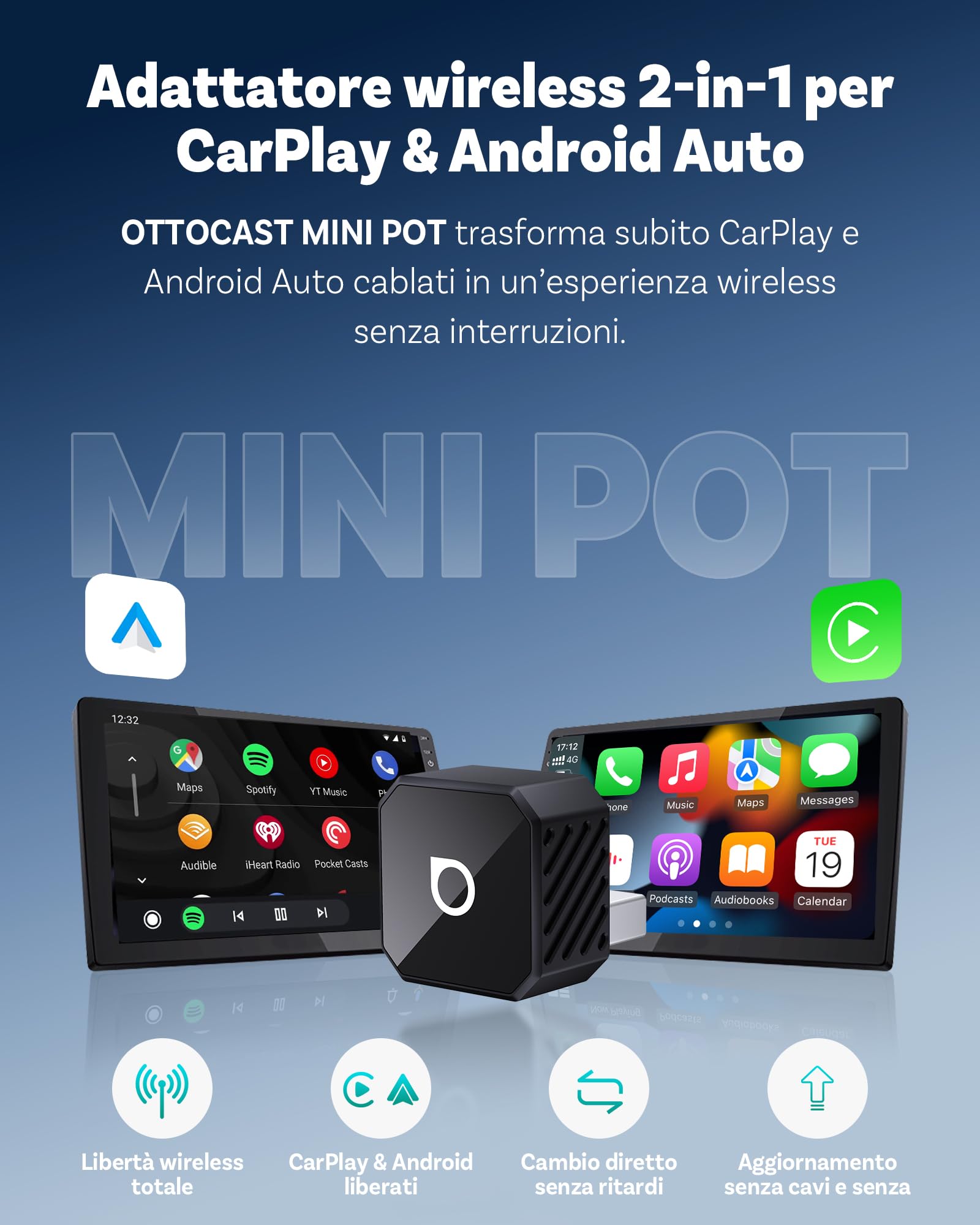 OTTOCAST Mini Pot, 2026 Upgrade Adattatore Wireless CarPlay & Android Auto, Plug & Play, WLAN Dual-Band 2.4G+5G, Riconnessione Automatica, Compatibile con Auto dal 2016 con CarPlay/AA cablat(Nero)