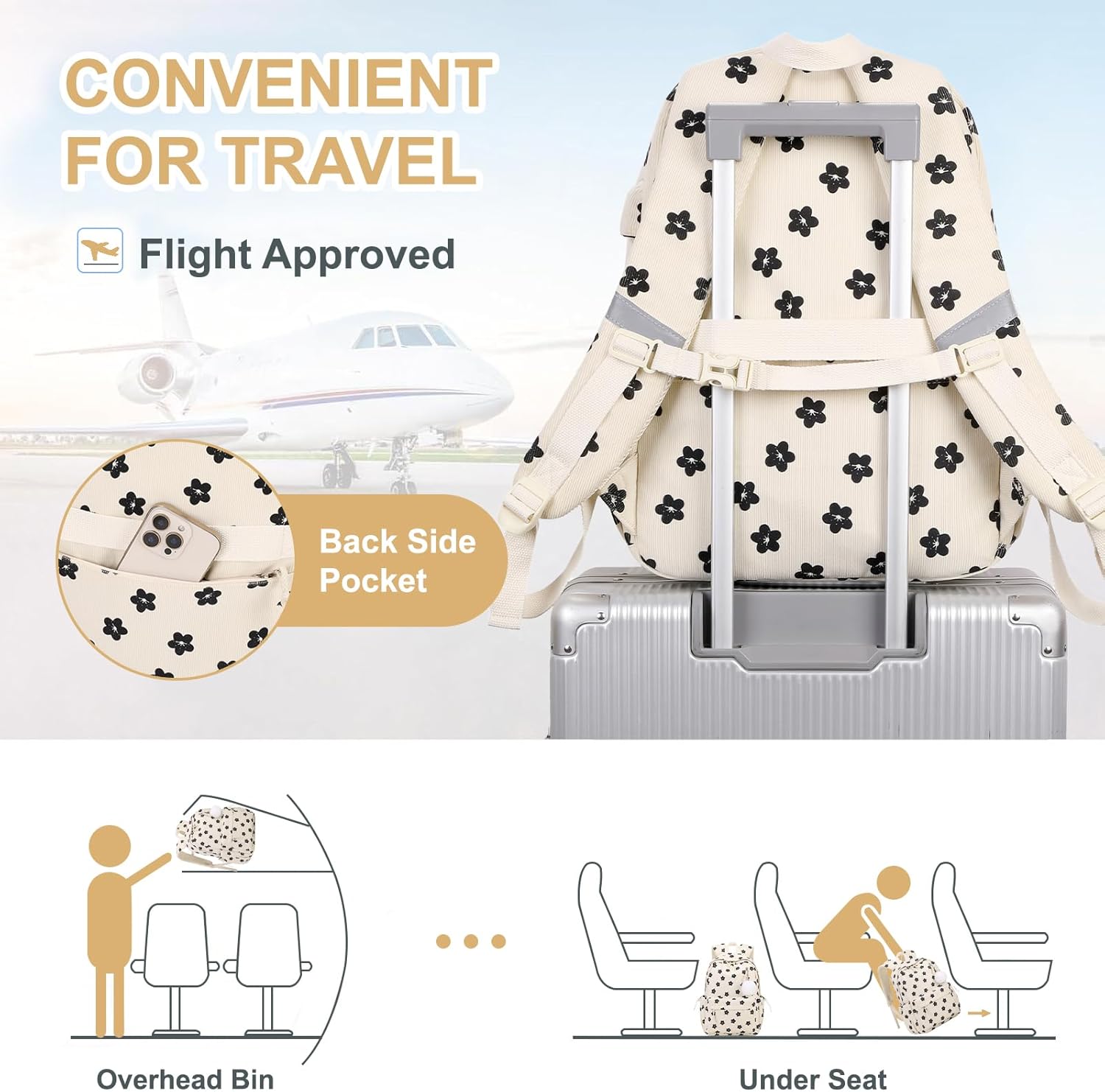 Backpack for Girls - Corduroy Girls Backpack with Lunch Bag & Pencil Pouch for Teen Kids Laptop Backpack for Women, Middle High School Bookbag Travel Daypack (Beige Flower) - Image 5