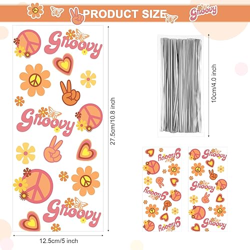 Miniatura 2 de 100 bolsas de plástico para regalos de fiesta, estilo retro, hippie, bohemio, 2 golosinas de plástico, celofán de los años 60 y 70 para margaritas,